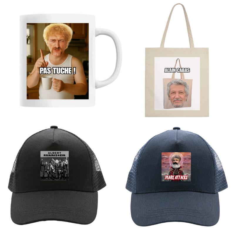 Accessoires Parodisiaque : mugs, casquettes et tote bags.